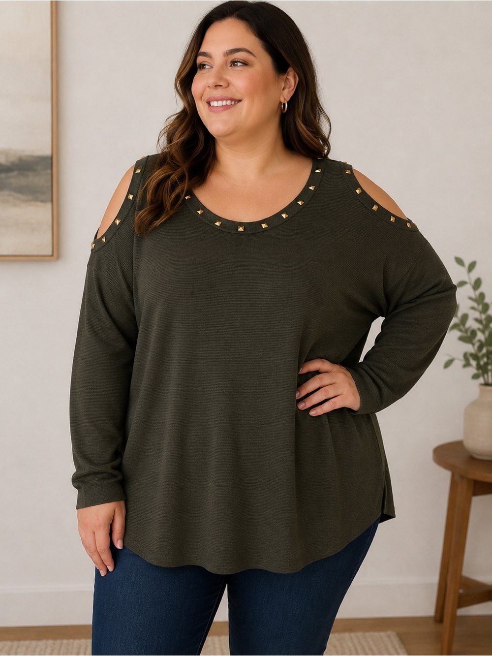 Laura Plus Black Cold Shoulder Studded Knit Tunic Sweater 2X